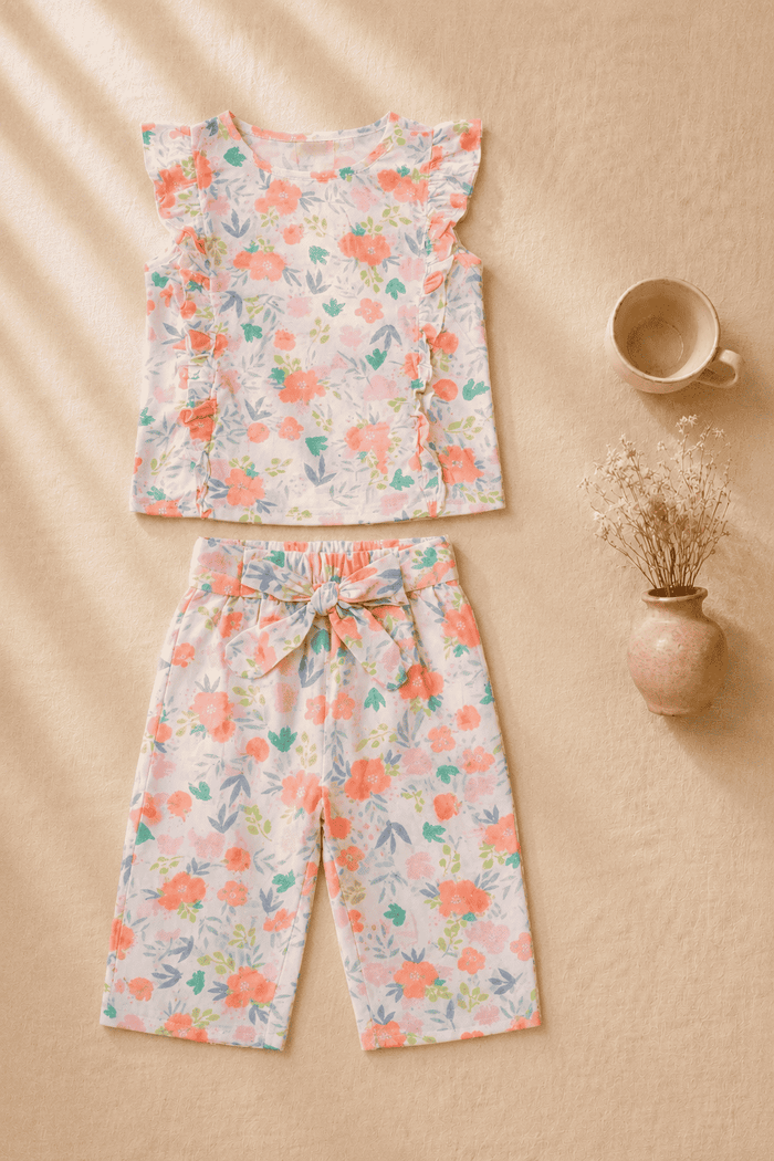 Baby Girl Peach Floral Print Top & Pants Set