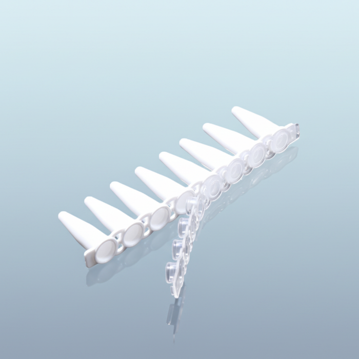 NEST Flat PCR Cap Strip — 8-strip with flat optically clear caps attached to PCR tube strip